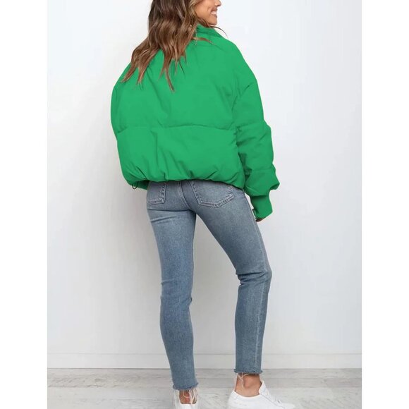 Women's Puffer Jacket Oversized Cropped Puffy Quilted Jackets Coat Emerald - Picture 4 of 5